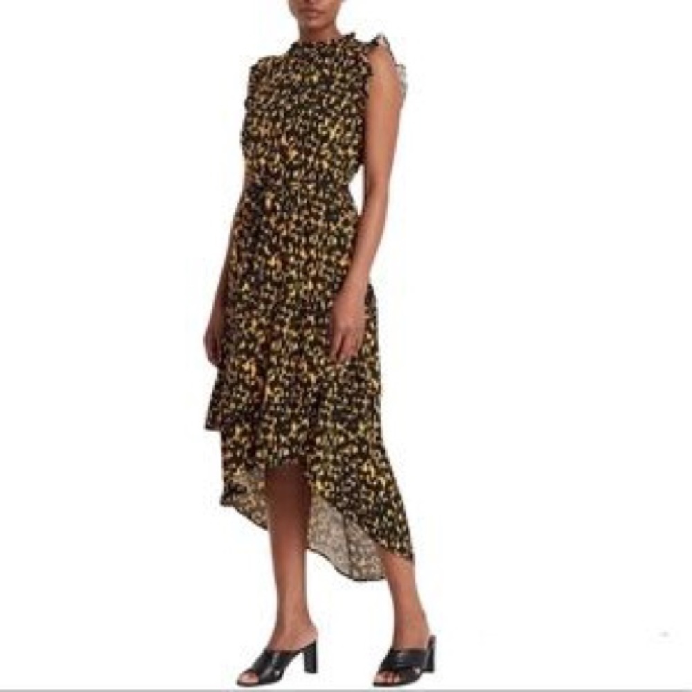 Who What Wear Yellow Leopard Print High Low Ruffle High Neck Dress